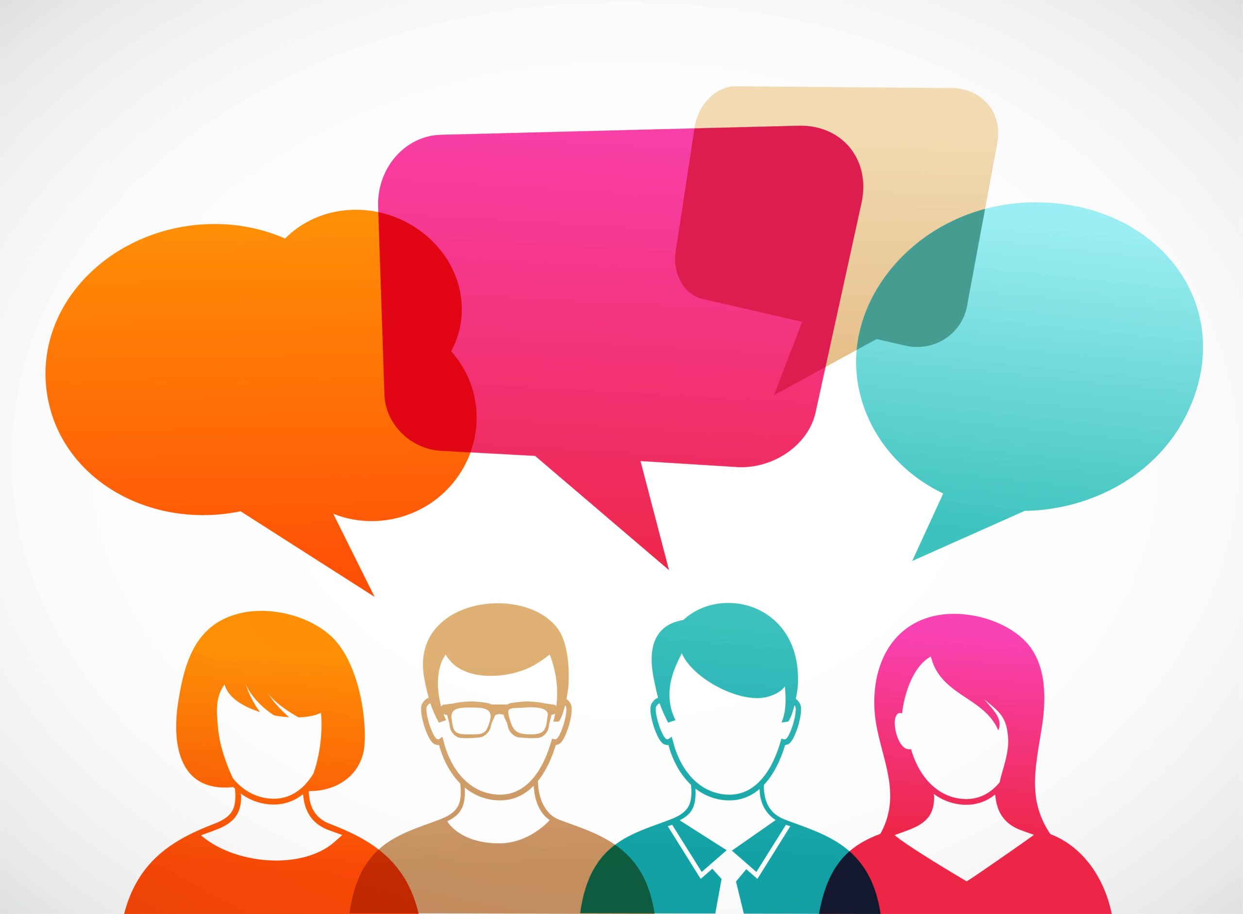 colorful vector image of four people facing forward with speech bubbles over their heads to illustrate virtual chat on Microsoft Viva Engage