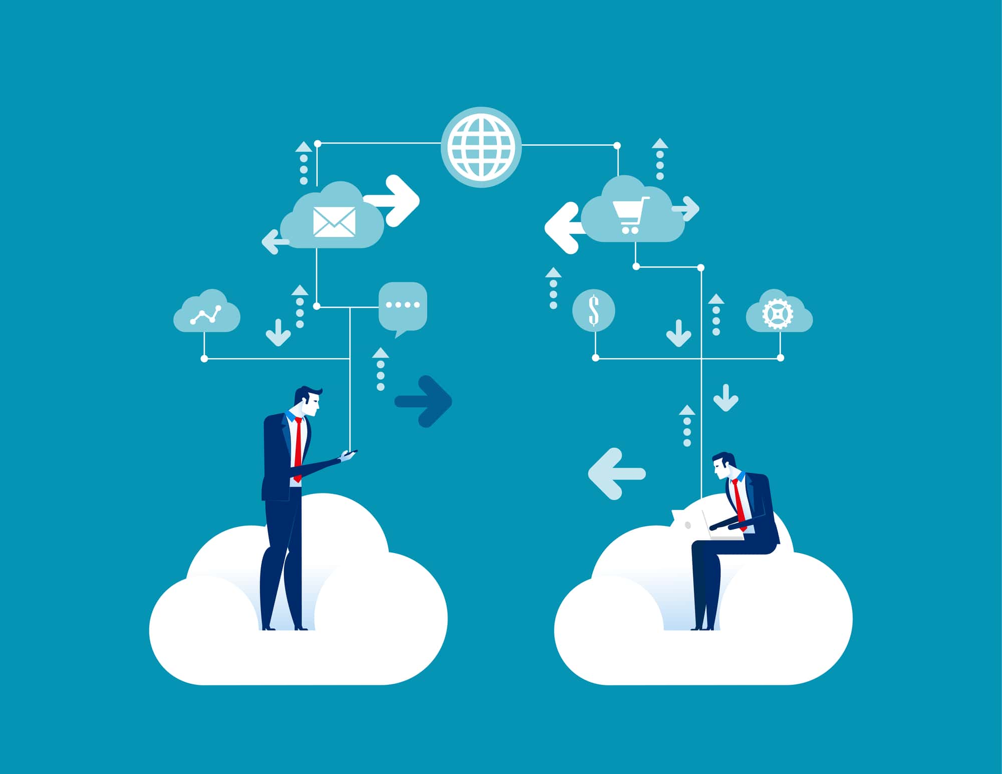 Vector of two men on clouds with technology floating between them.