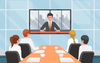Vector image image of Business people at the video conference call with the team at meeting room.