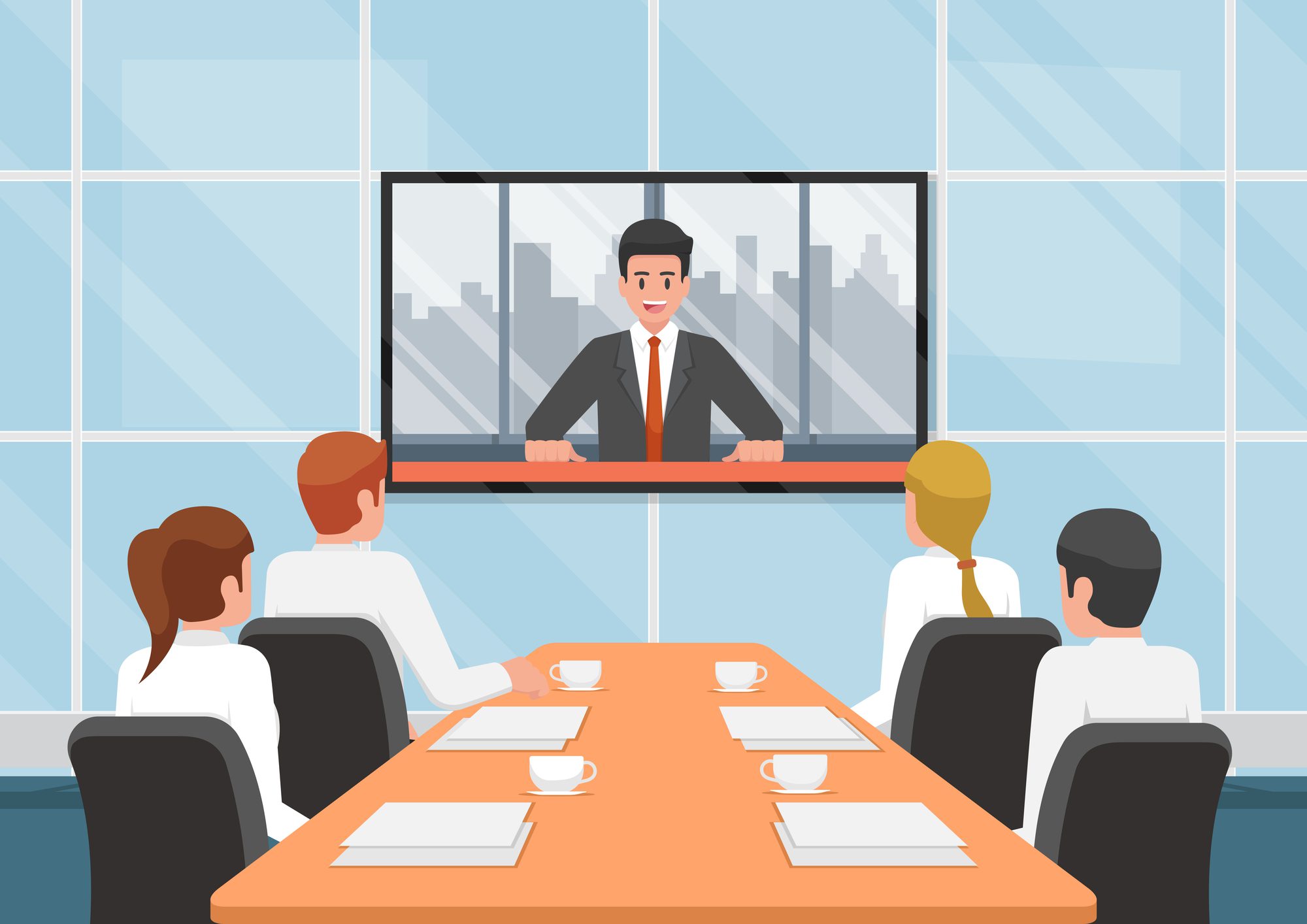 Vector image image of Business people at the video conference call with the team at meeting room.