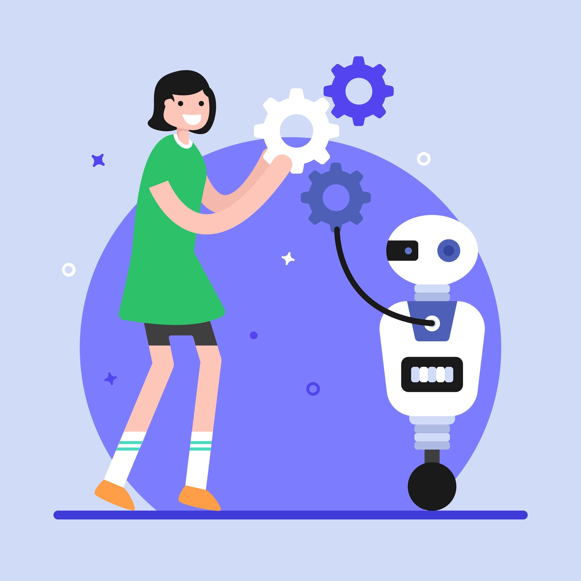 vector image of an AI assistant helping woman with settings.