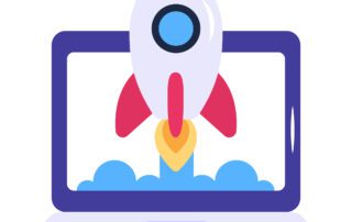 vector image of a rocket launching out of a laptop to symbolize Microsoft's new Surface Laptop Studio 2, the most powerful Surface laptop ever.