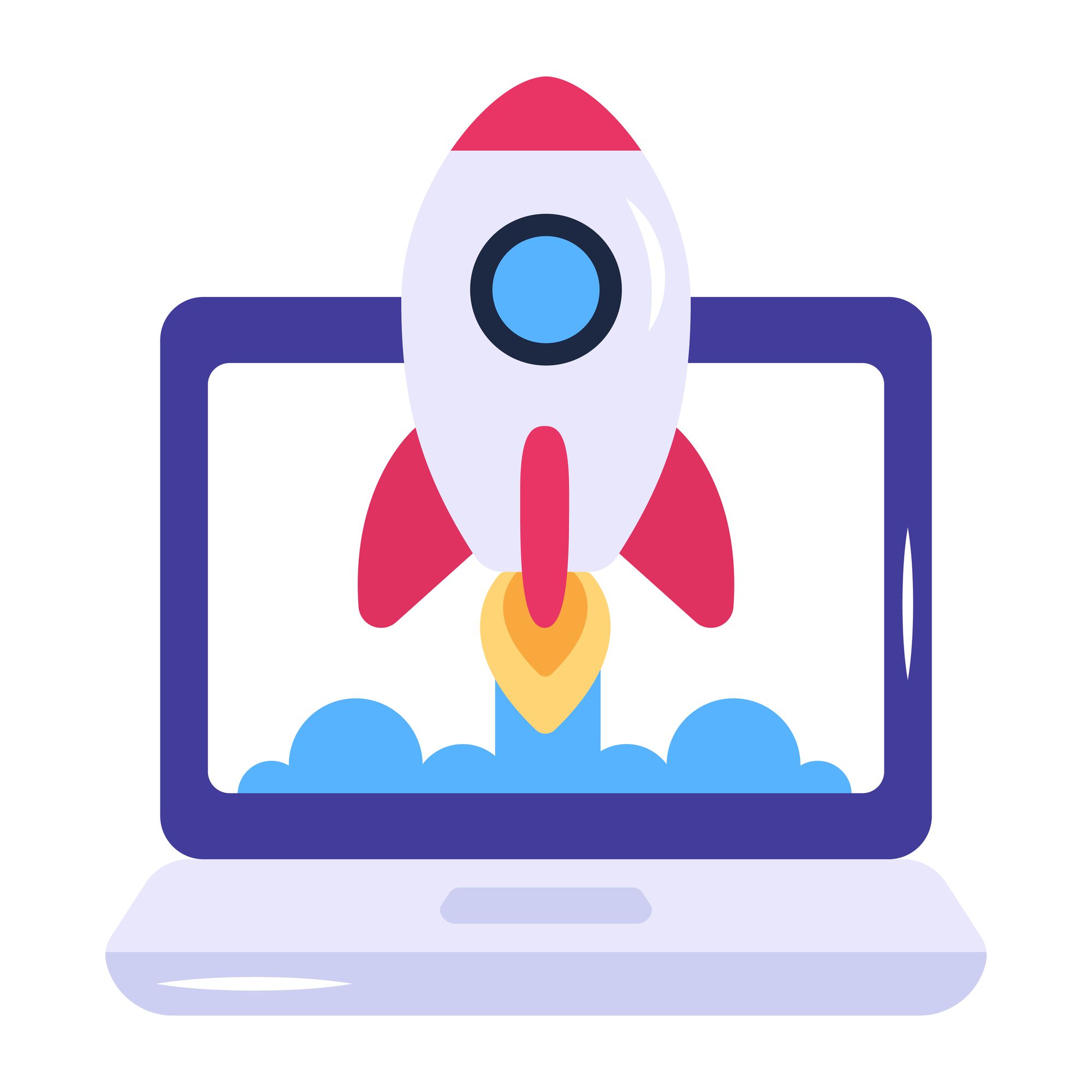 vector image of a rocket launching out of a laptop to symbolize Microsoft's new Surface Laptop Studio 2, the most powerful Surface laptop ever.