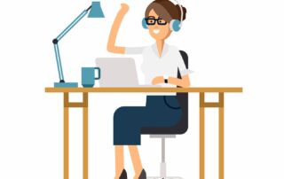 vector image of a woman sitting at a desk with a laptop and wearing headphones