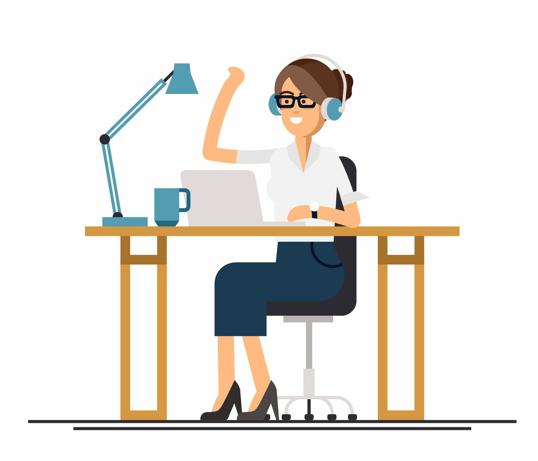 vector image of a woman sitting at a desk with a laptop and wearing headphones