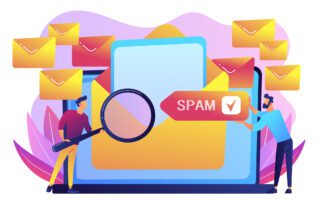 vector illustration of two people standing in front of a computer screen with an abundance of envelopes floating around the screen and a tab over one open envelope with text that reads "spam"