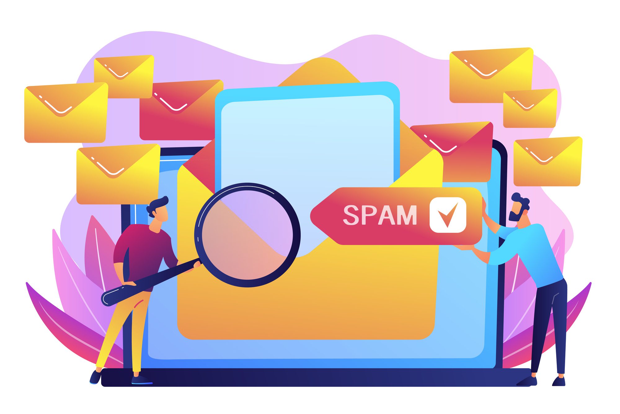 vector illustration of two people standing in front of a computer screen with an abundance of envelopes floating around the screen and a tab over one open envelope with text that reads "spam"