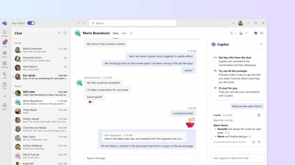 screenshot of Teams chat messages with Copilot options on the right