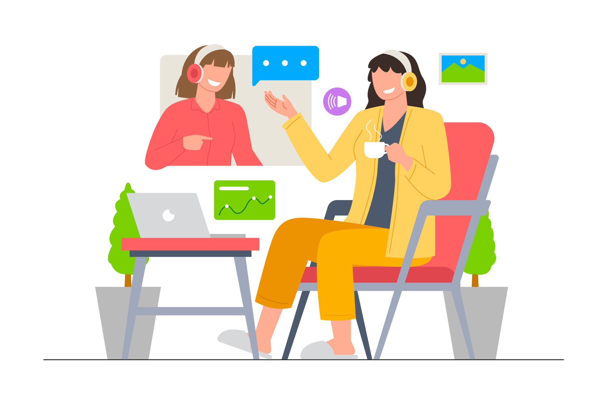 vector image of two women talking in a virtual meeting space like Microsoft Teams