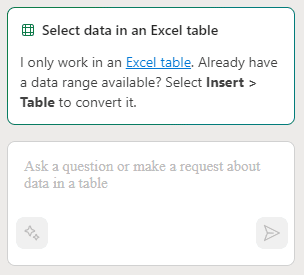 screenshot of Copilot for Excel chat dialogue box asking the user to select data in an Excel table