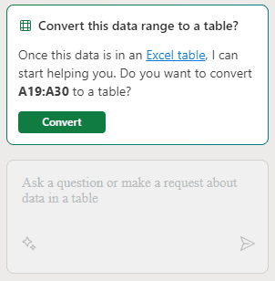 screenshot of Copilot for Excel asking the user to convert data range to a table