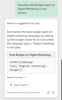 screenshot of a dialogue with Copilot for Excel that suggests a formula to summarize the total budget spent on digital marketing campaigns
