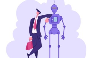 vector illustration of a businessman leaning on a robot for support