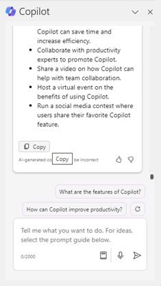 screenshot of Copilot prompt box in OneNote giving suggestions for additional questions to ask Copilot