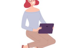 vector image of a happy woman sitting down with a tablet/ipad