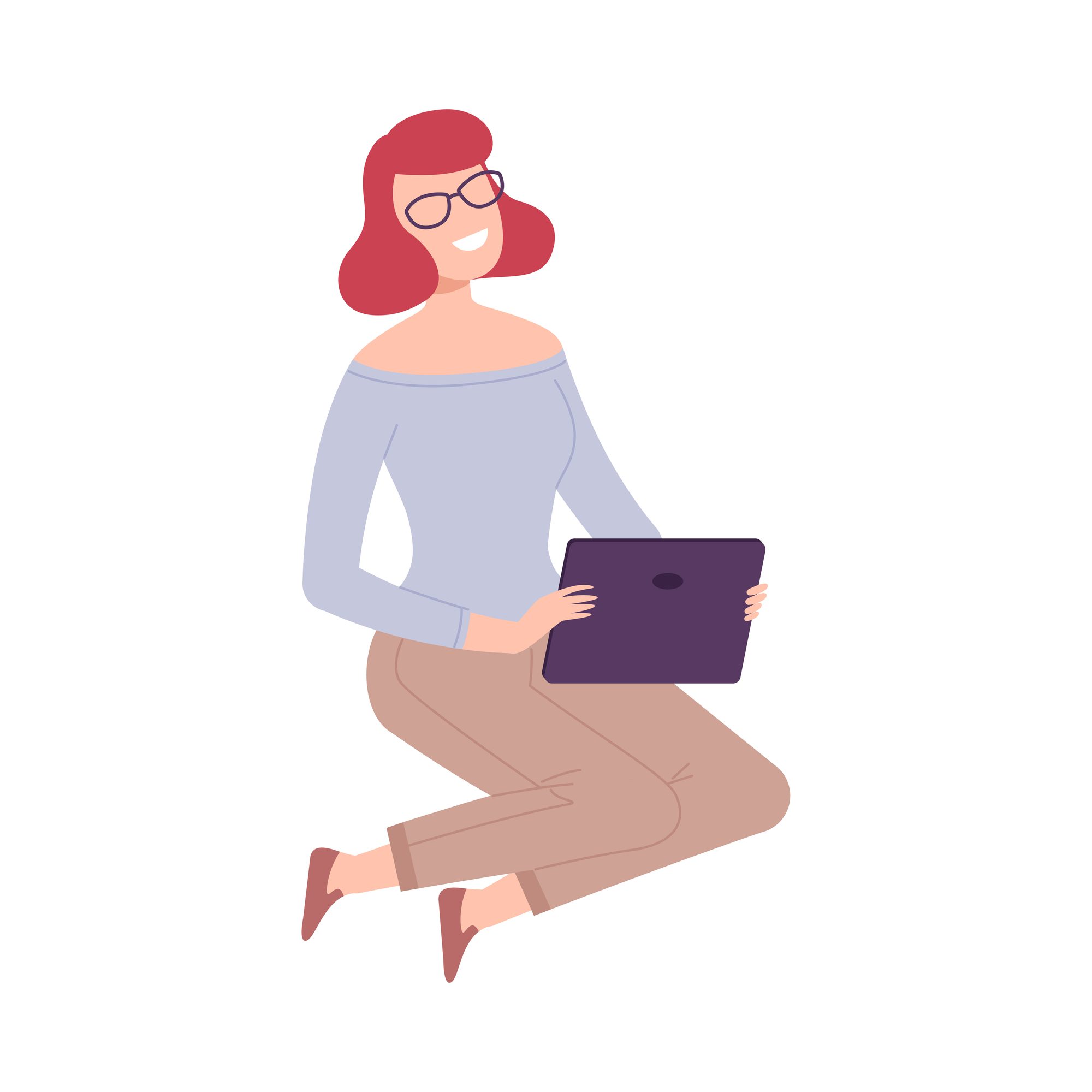 vector image of a happy woman sitting down with a tablet/ipad