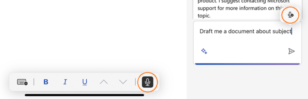 screenshot of Microsoft Word on iPad/iOS with speech-to-text buttons circled in red