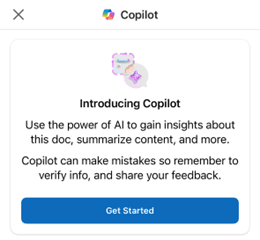 screenshot of "Introducing Copilot" screen on Microsoft Word app for iOS; text reads "Use the power of AI to gain insights about this doc, summarize content, and more. Copilot can make mistakes so remember to verify info and share your feedback. Get Started"