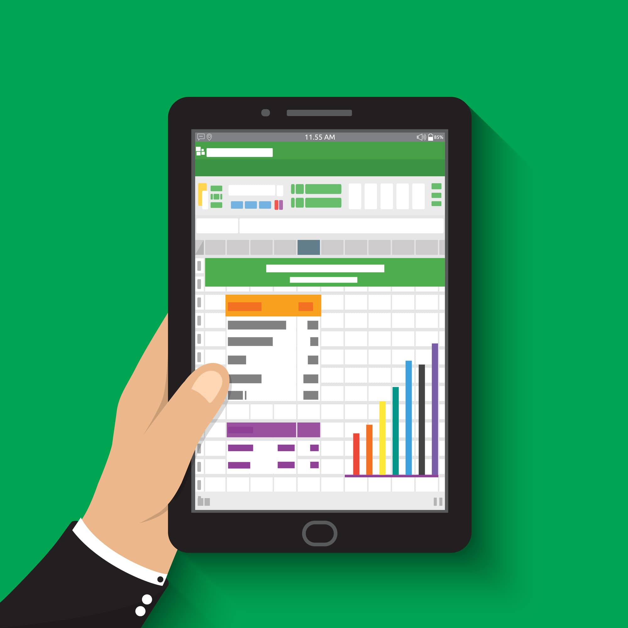 vector image of business person's hand holding a tablet showing an Excel spreadsheet