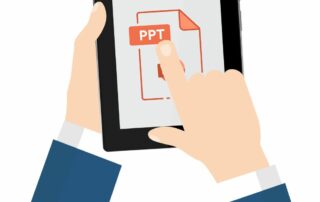 illustration of business person holding an iPad while Microsoft Powerpoint loads