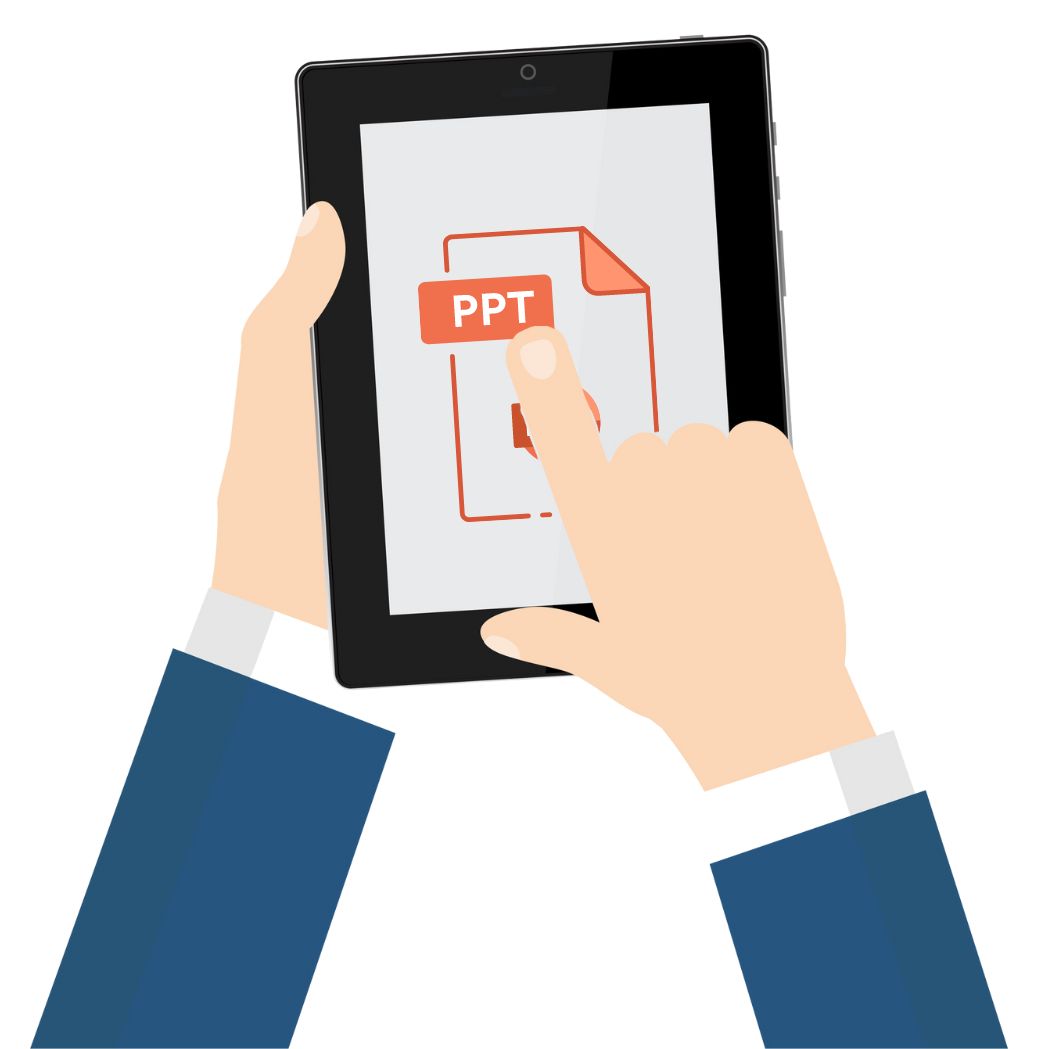 illustration of business person holding an iPad while Microsoft Powerpoint loads