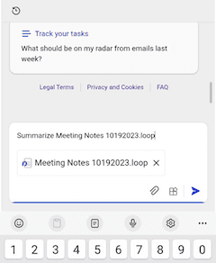 screenshot of Copilot prompt box that includes a Loop Meeting Notes attachment