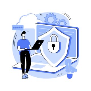 illustration of person standing with a laptop using microsoft secure score