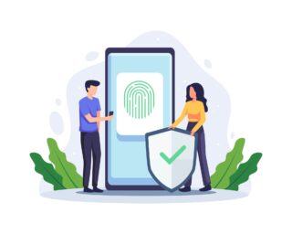illustration of two people using fingerprint recognition as an authentication method on a mobile device