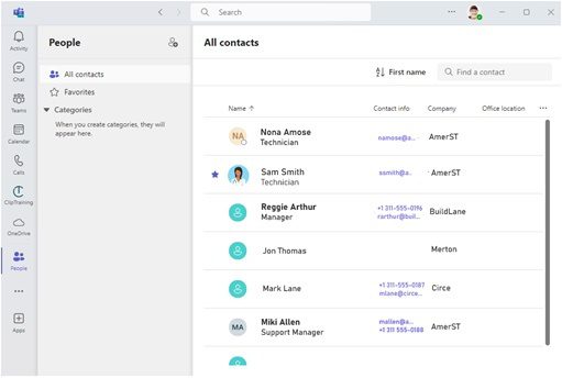 screenshot of All Contacts in People tab of Teams Phone
