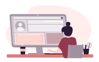 vector illustration of a female working at a desk with an oversized monitor with setting windows.