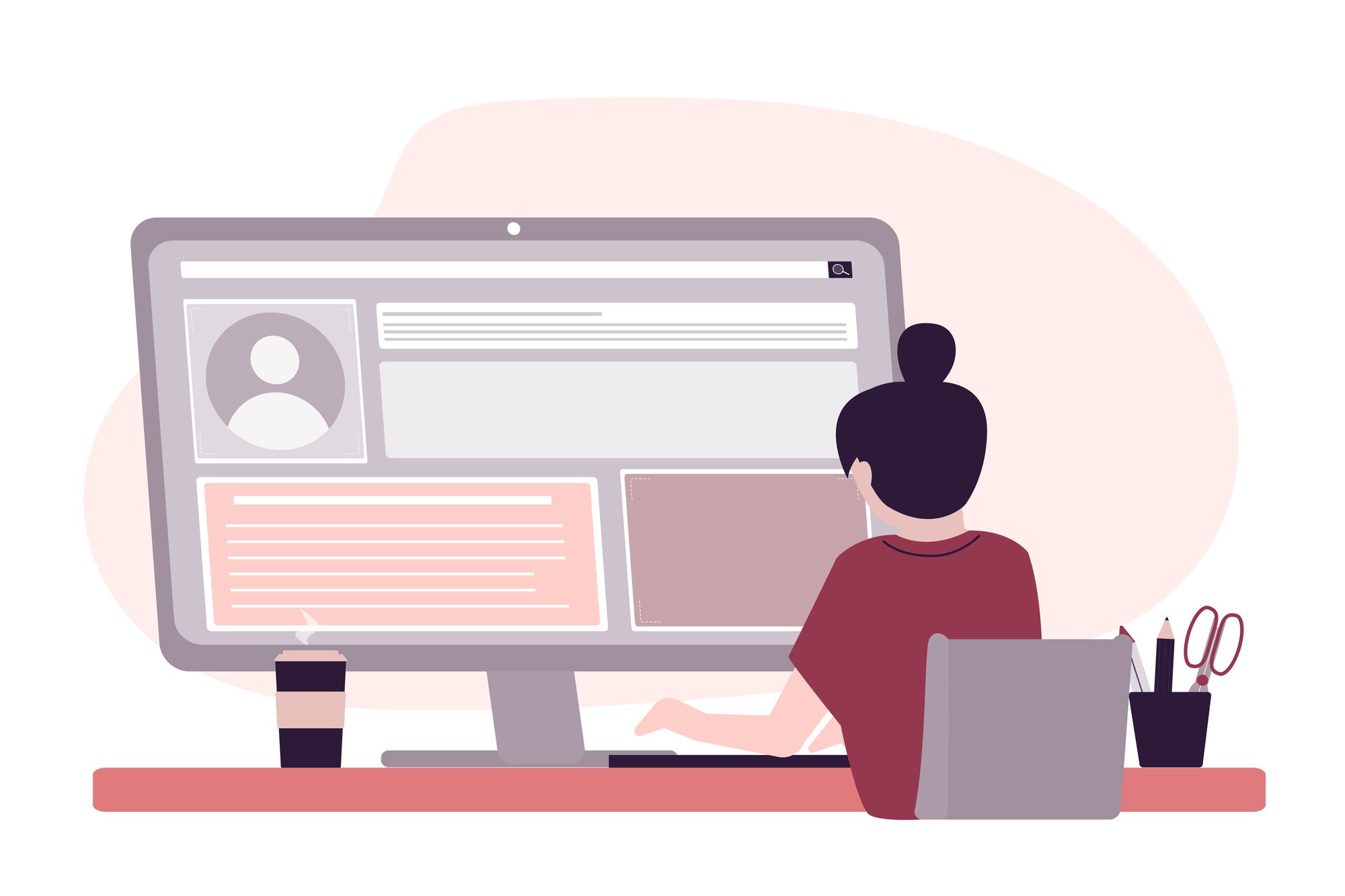 vector illustration of a female working at a desk with an oversized monitor with setting windows.